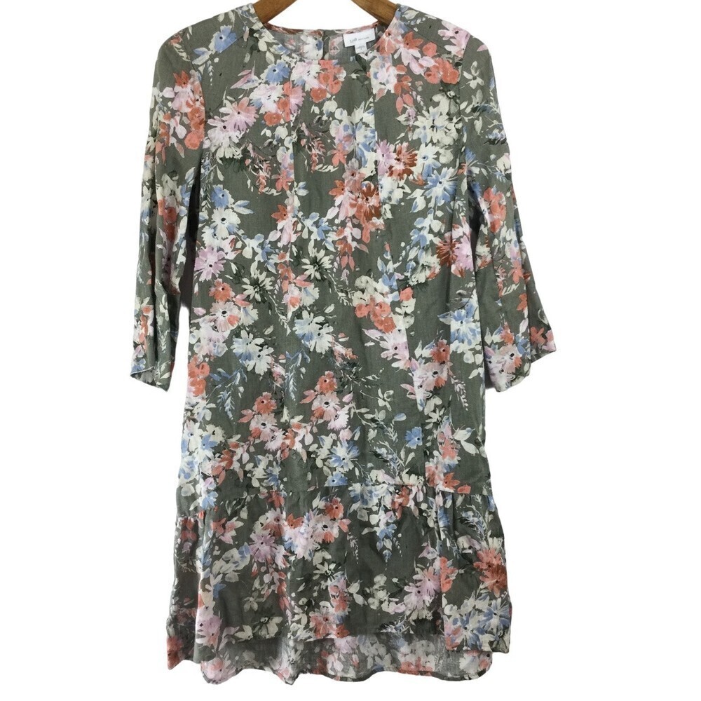 J. Jill Love Linen Women Floral Caraway Fresh Bloom Ruffle Hem Dress Green Small